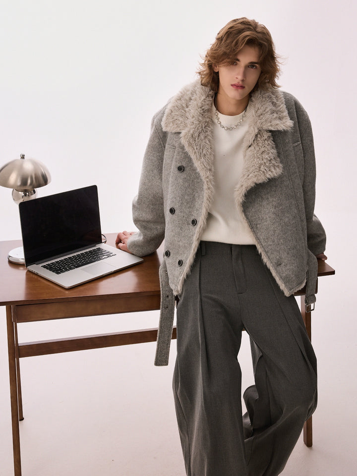 Wool Blend Double-Breasted Shearling Coat