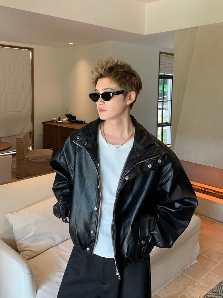 Veste de moto en cuir PU avec col montant 