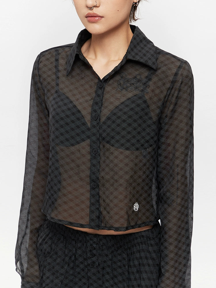 Sheer Checkered Long Sleeve Cropped Shirt