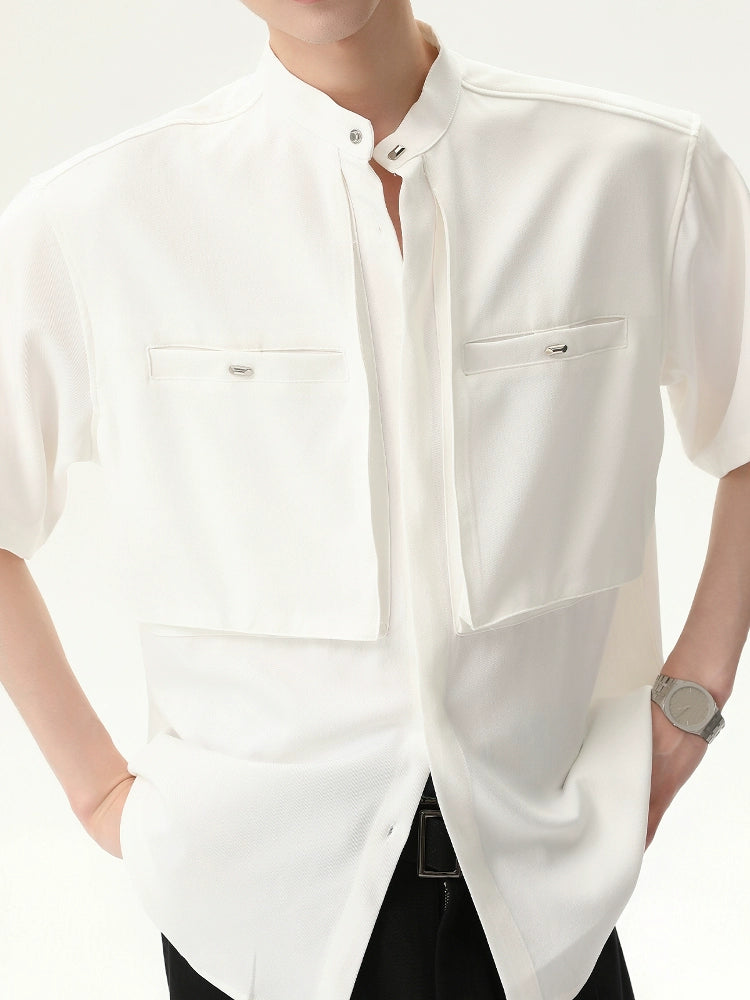 Stand Collar Double Pocket Short Sleeve Shirt