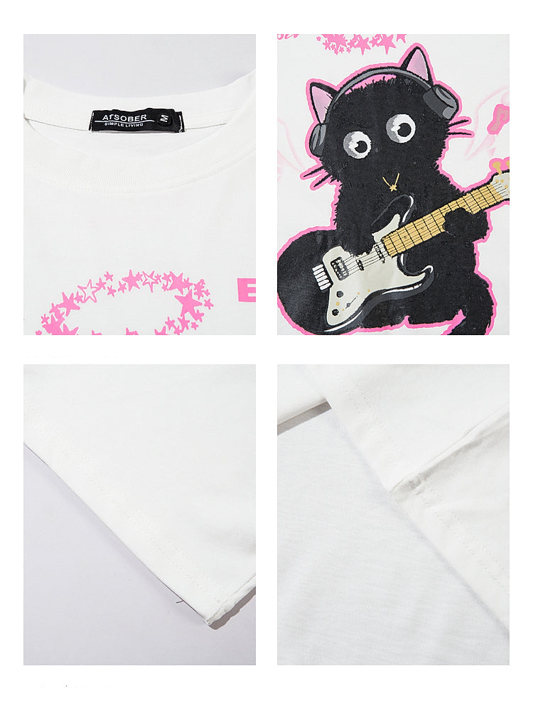 Hip-hop Guitar Cat Graphic T-shirt