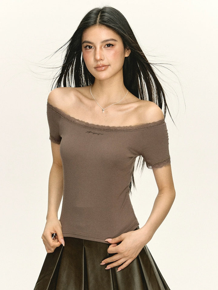 Off Shoulder Slim Fit Lace Trim Top