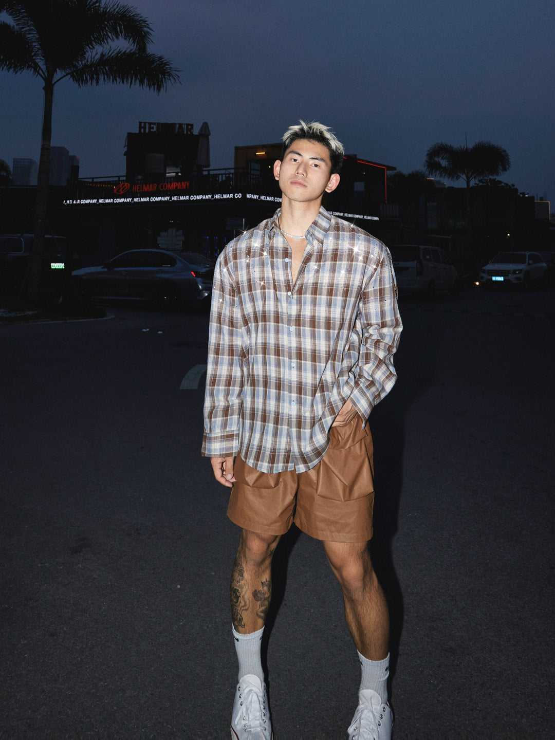 Plaid Rhinestone Long-Sleeve Shirt