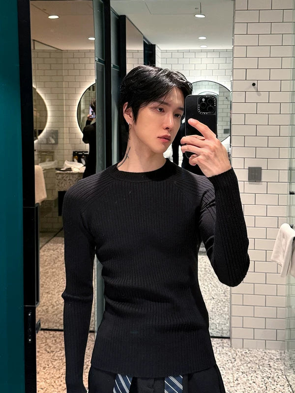 Slim Fit Ribbed Long Sleeve Knit Sweater