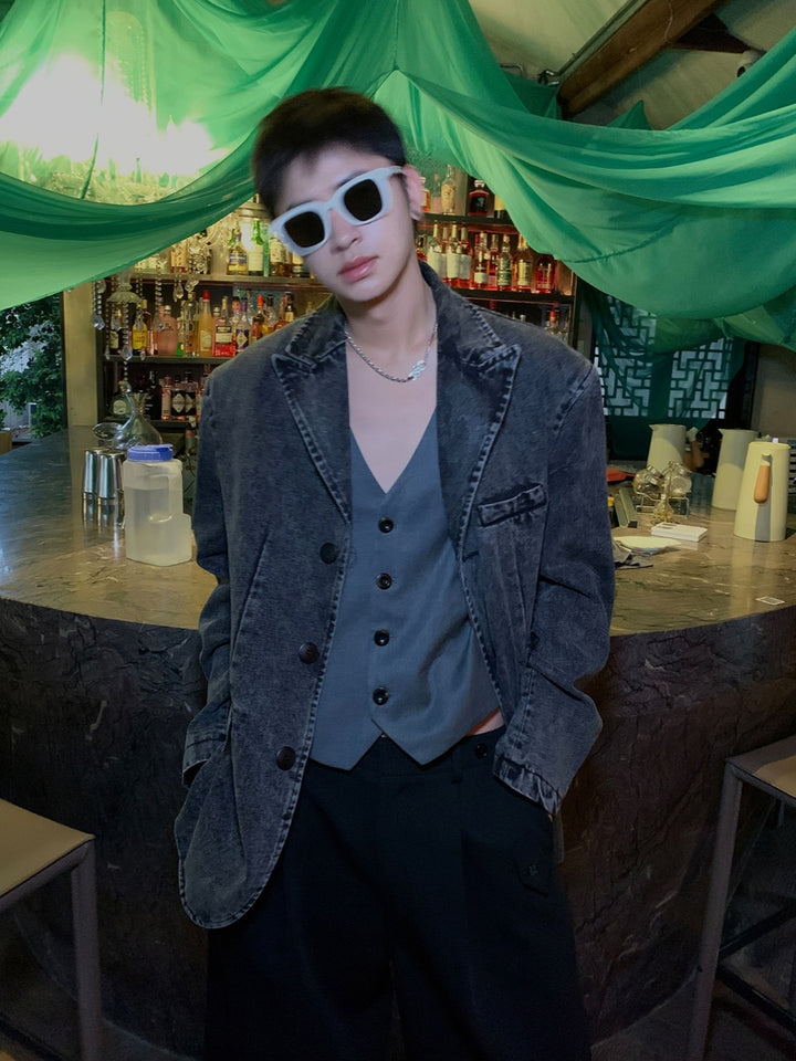 Washed Distressed Denim Suit Jacket