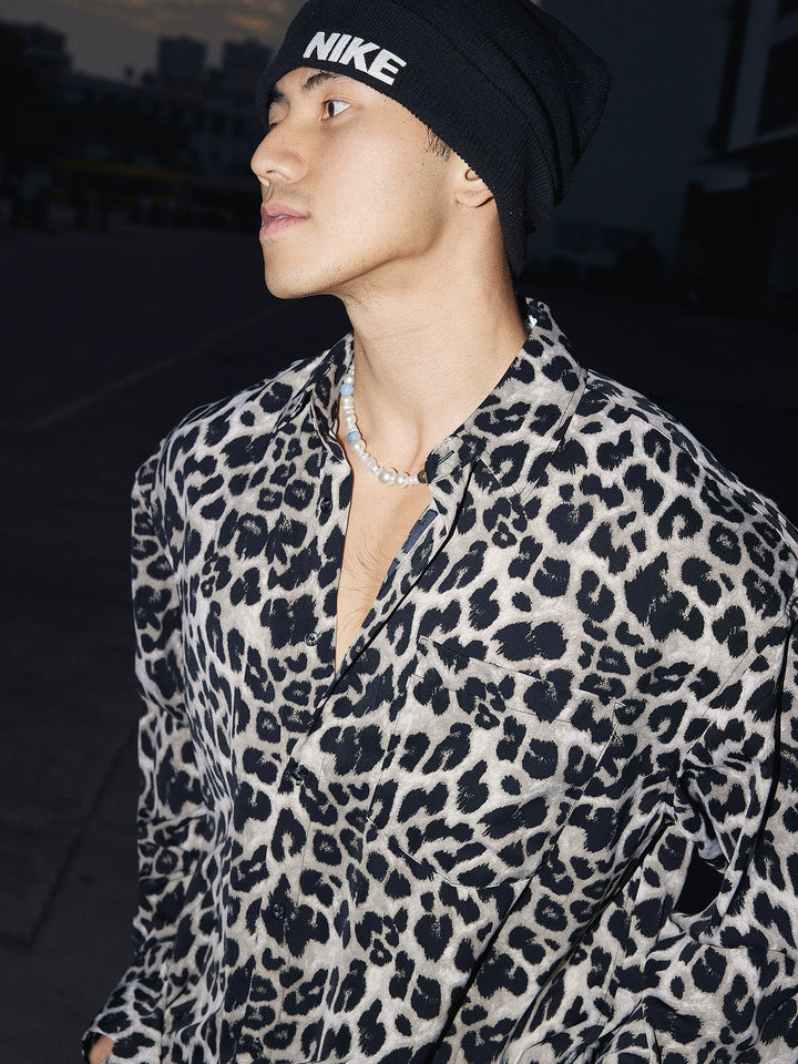 Leopard Print Relaxed Fit Button-Up Shirt