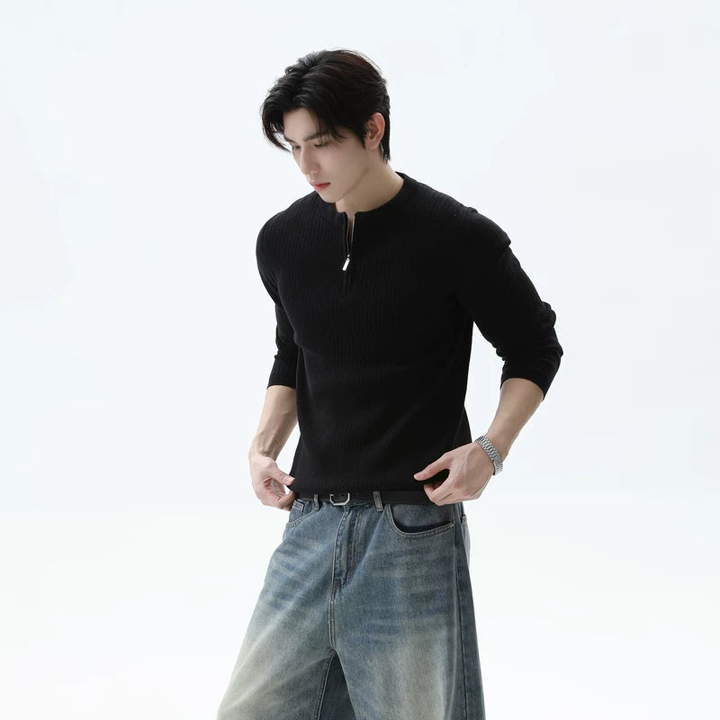 Half-Zip Ribbed Knit Stand Collar Sweater