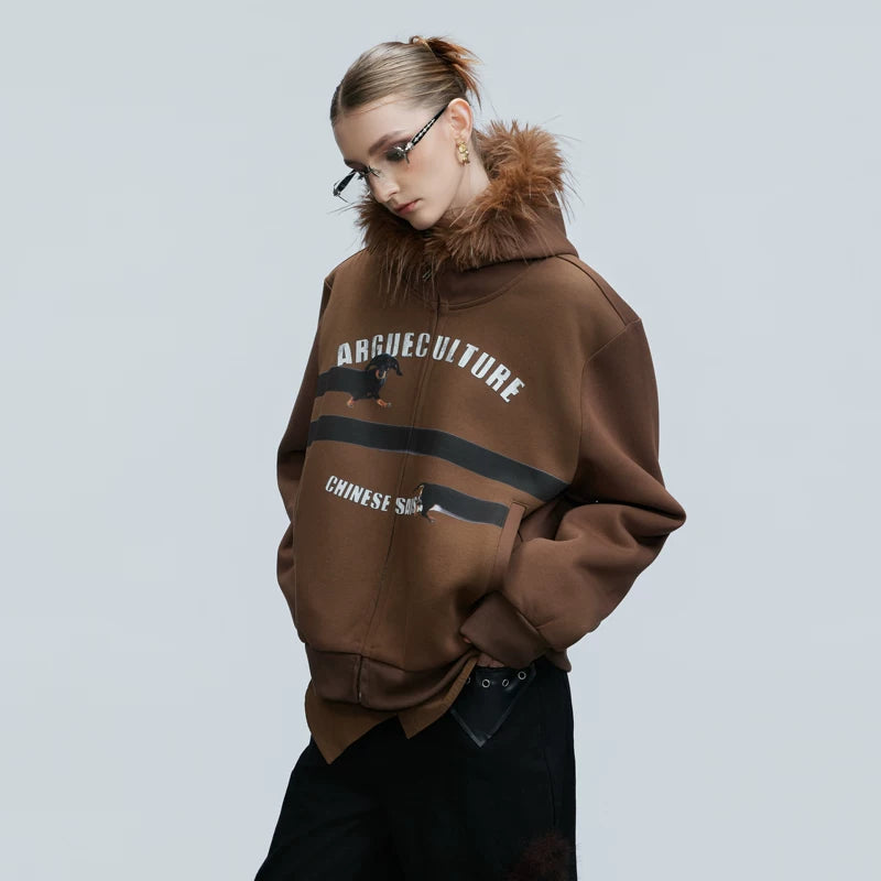 Fur Collar Hooded Sweatshirt Cardigan