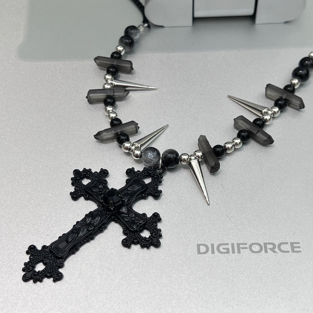 Cross Pendant Rivet Spike Bead Necklace