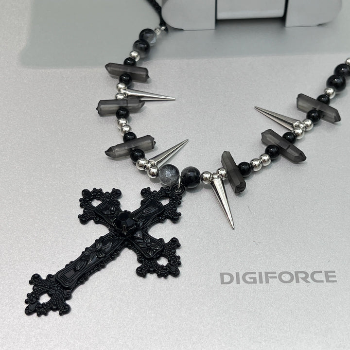 Cross Pendant Rivet Spike Bead Necklace