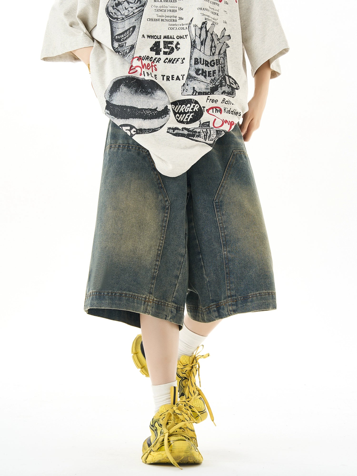 Loose Washed Denim Knee-Length Pants