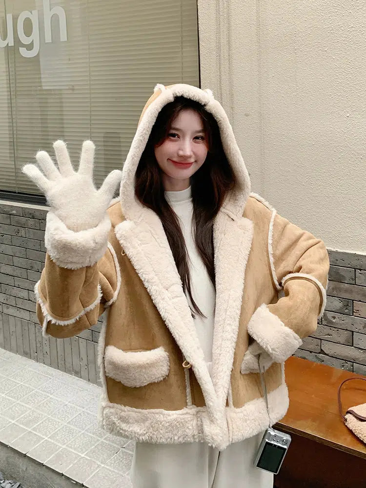 Suede Lamb Wool Hooded Fur Coat