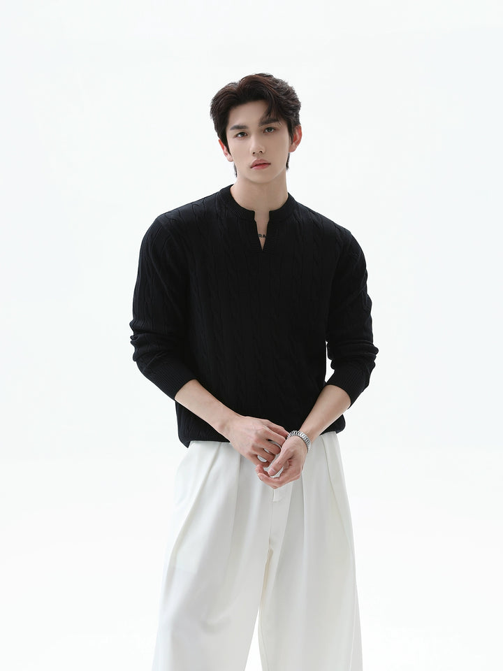 V-Ausschnitt Kabelstrick Pullover 