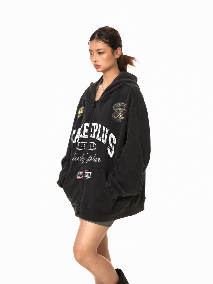 Retro Badge Print Hooded Cardigan