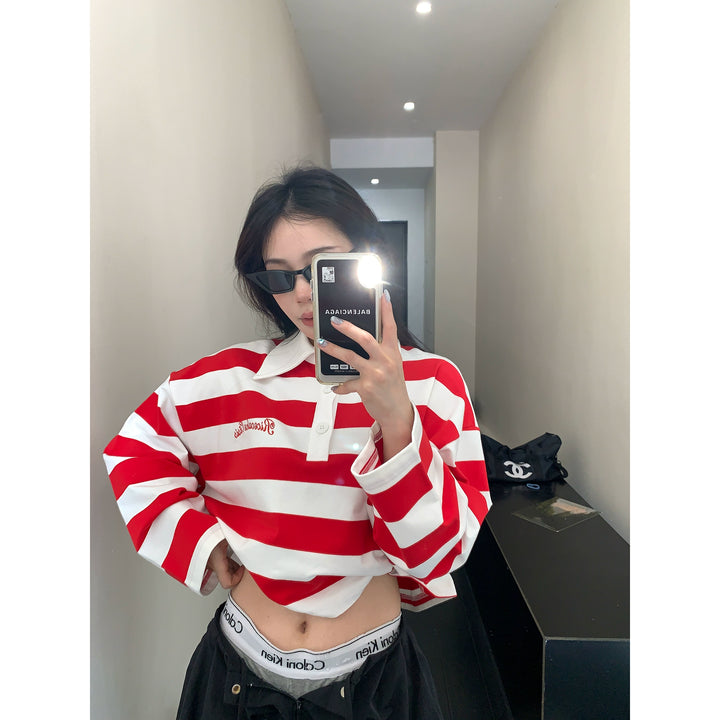 Striped Polo Collar Long Sleeve Top