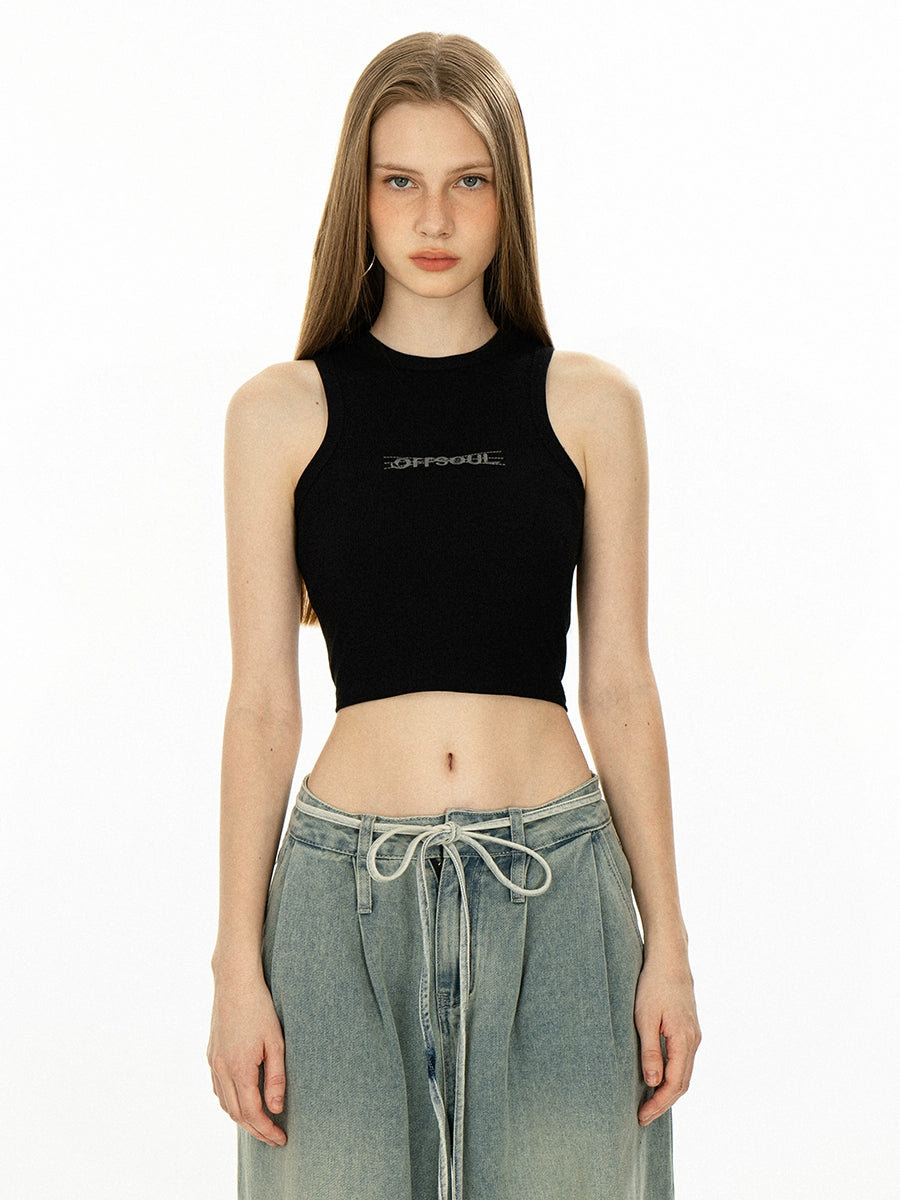 Embroidered Logo Ribbed Crop Tank Top