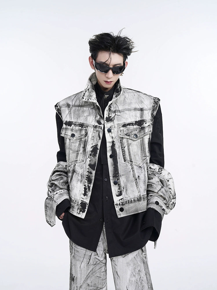 جاكيت جينز برسومات جرافيتي بأكمام قابلة للفصل 