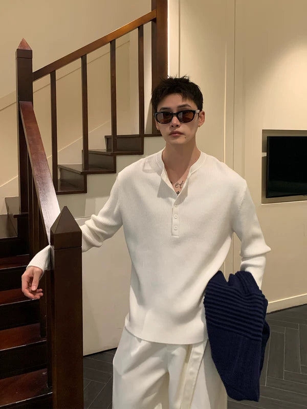 Ribbed Knit Long Sleeve Henley Shirt