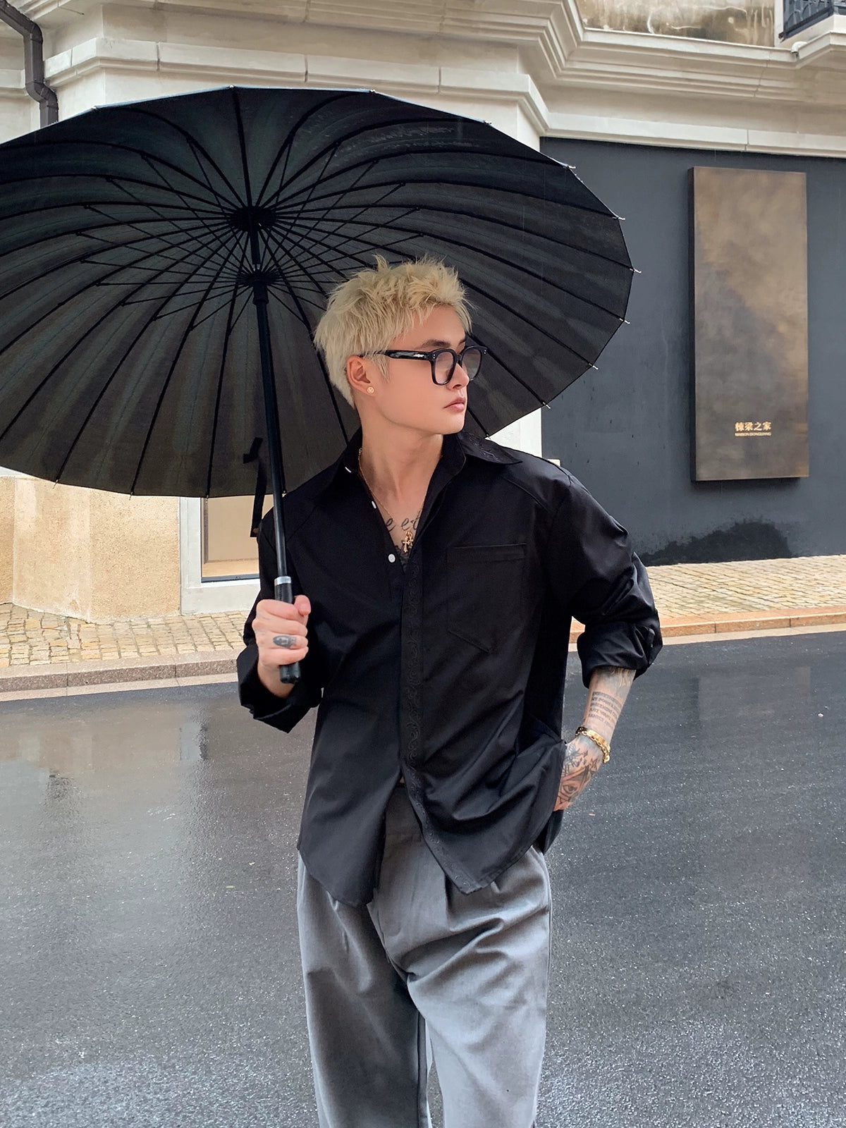 Embroidered Double-Layer Placket Long Sleeve Shirt