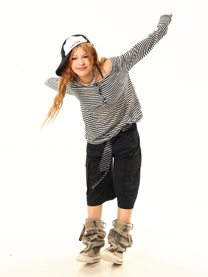 Striped One-Shoulder Long Sleeve Pullover