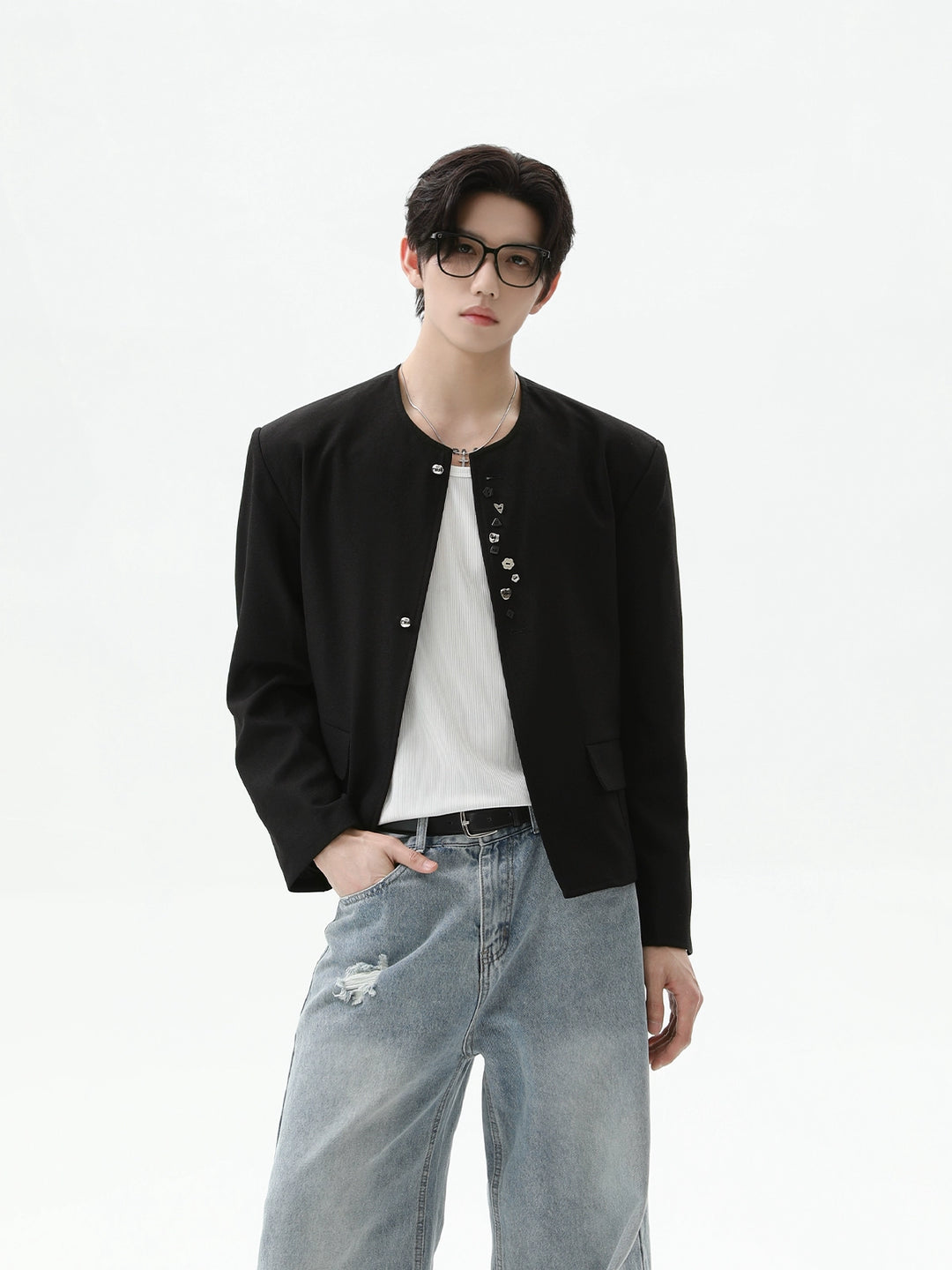 Veste de costume à boutons sans col rétro 