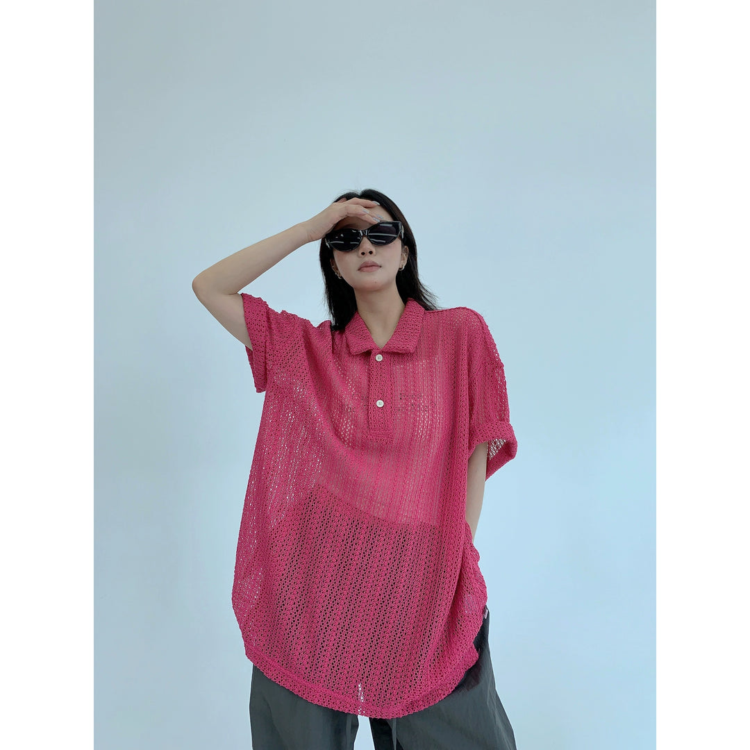 Hollow Knit Polo Collar Short Sleeve Top