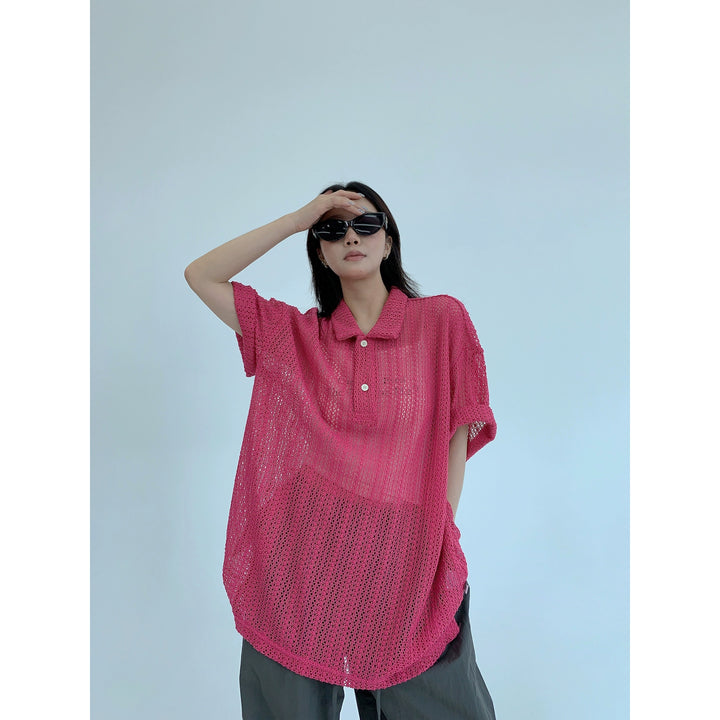 Hollow Knit Polo Collar Short Sleeve Top