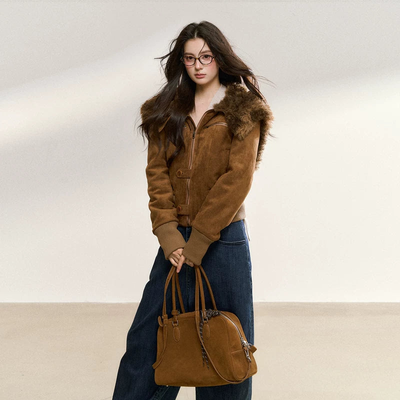 Slim Fit Short Jacket with Fur Collar