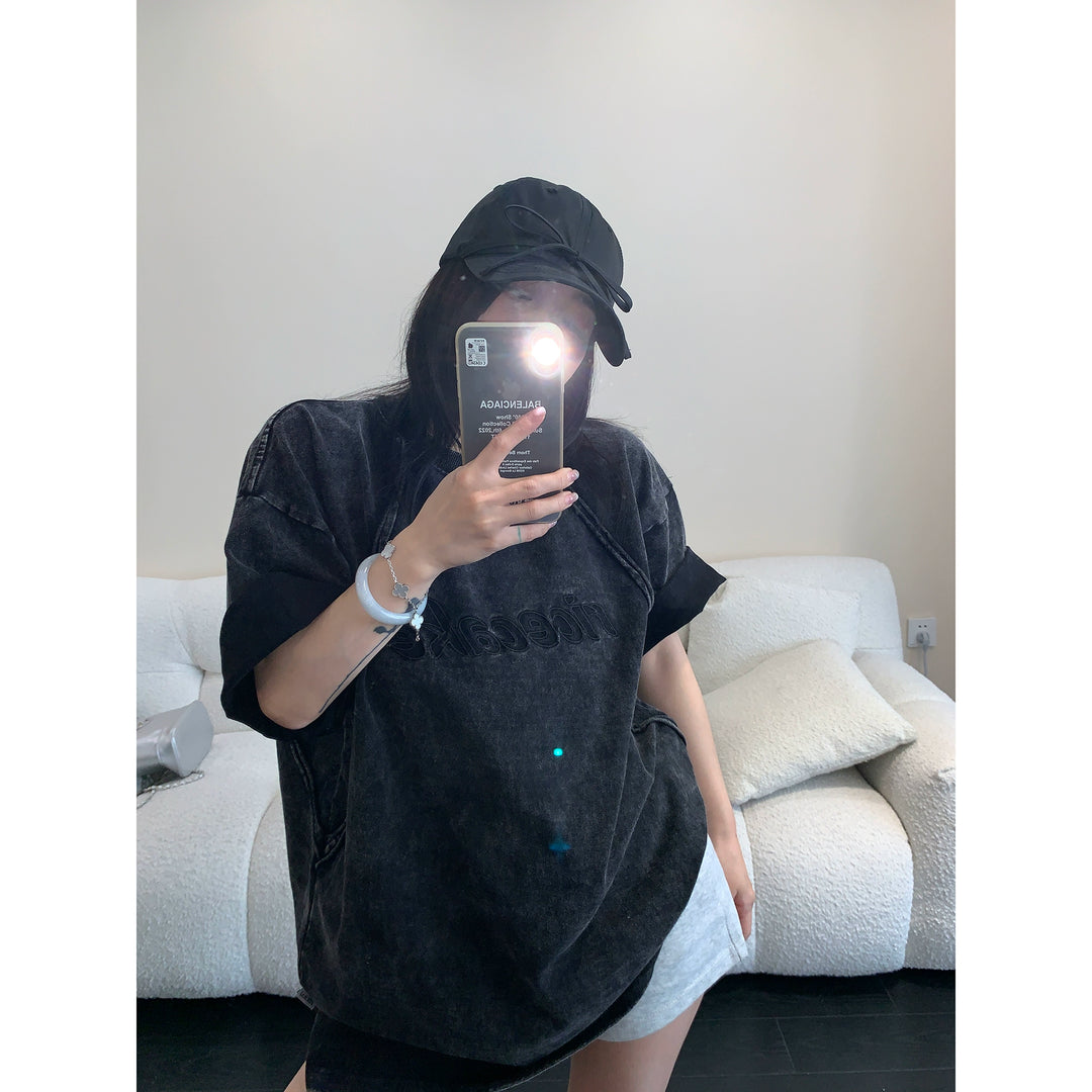 Distressed Embroidered Washed Short Sleeve Turtleneck