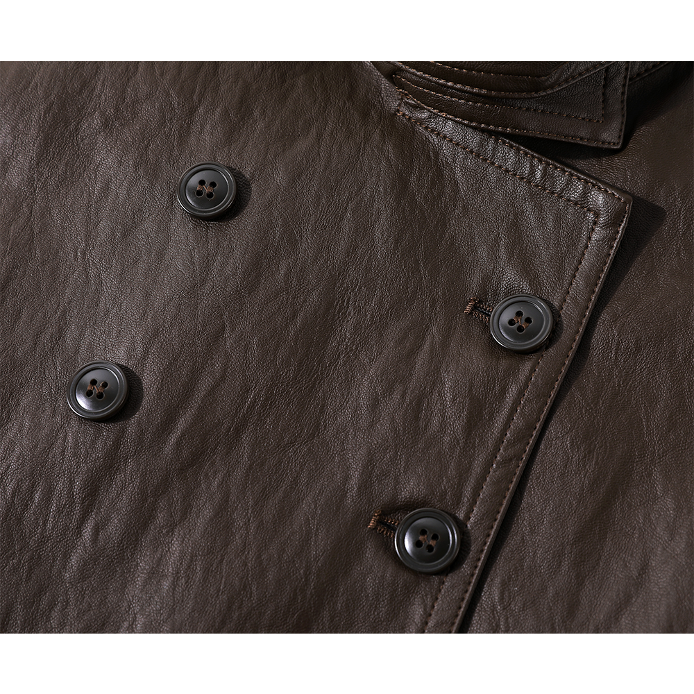 Double-Breasted Mid-Length Leather Jacket