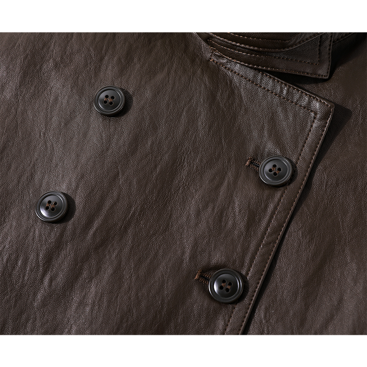 Double-Breasted Mid-Length Leather Jacket