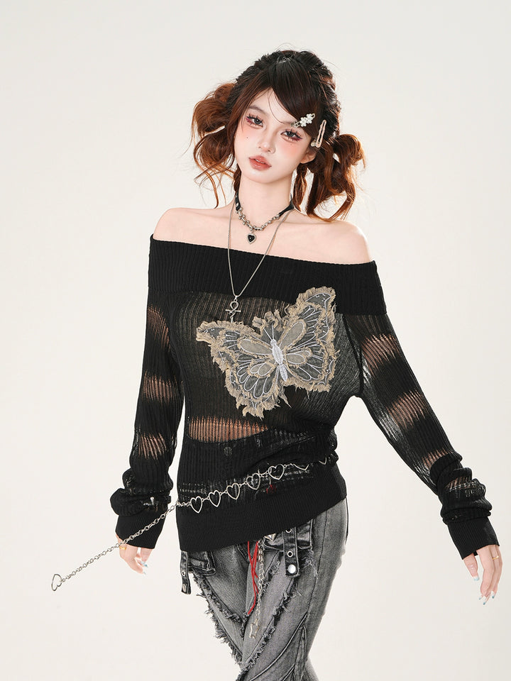 Butterfly Hollow Knit Long Sleeve Turtleneck
