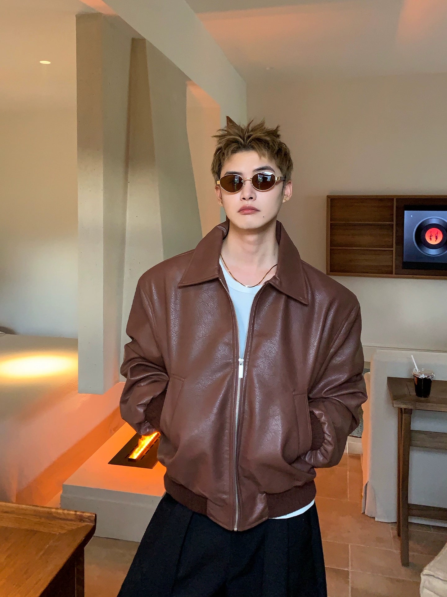 Retro Lychee Pattern Leather Jacket