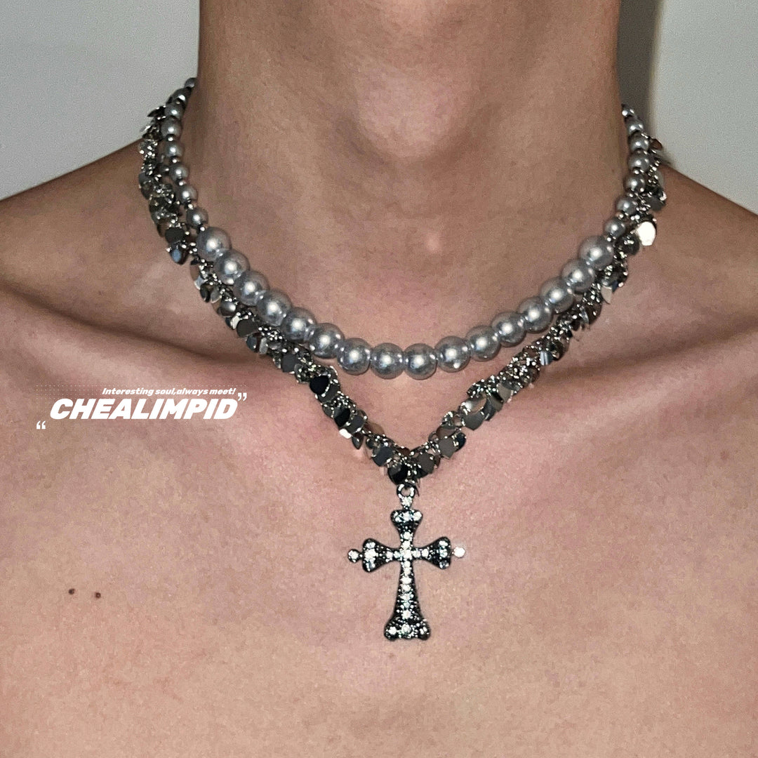 Double-Layer Pearl Sequin Cross Necklace