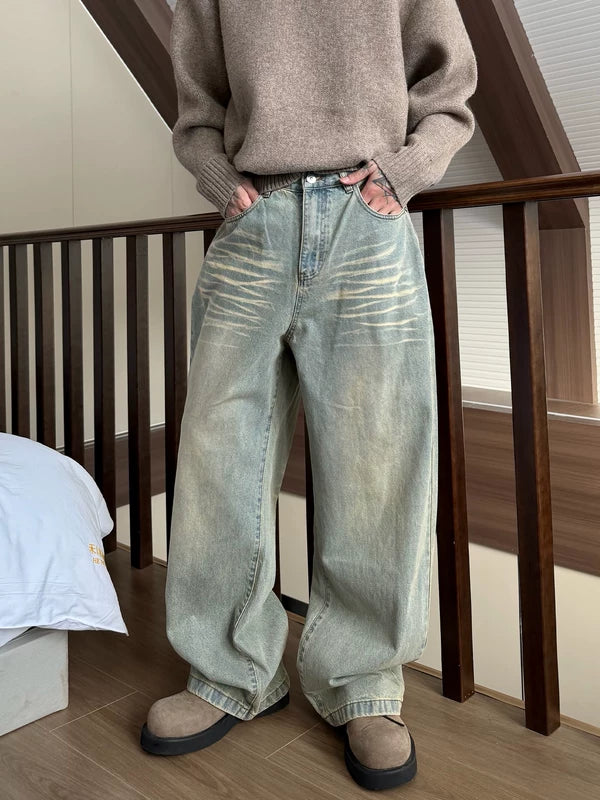 디스트레스드 와이드 레그 위스커 진 팬츠 