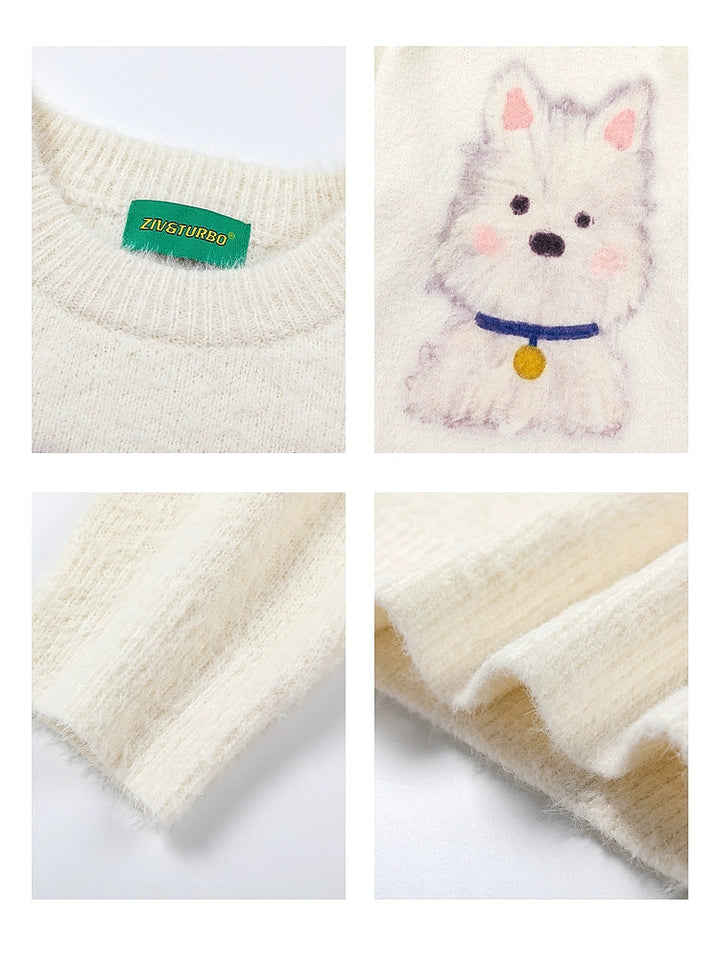 Pull rond en mohair à motif de chien 