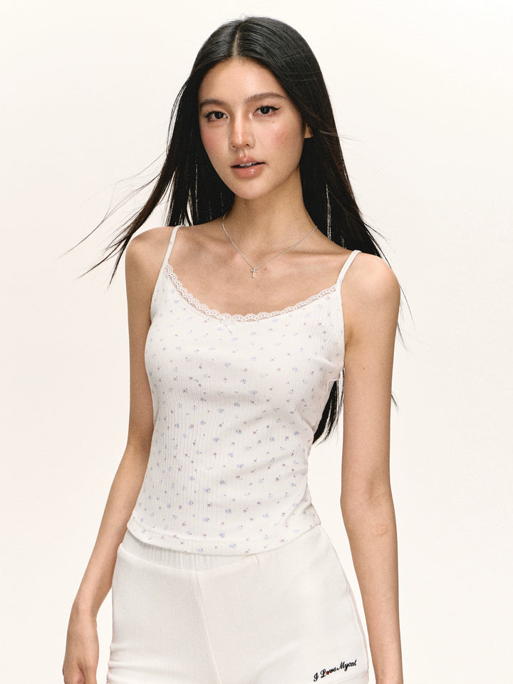 Ribbed Floral Lace Trim Tank Top