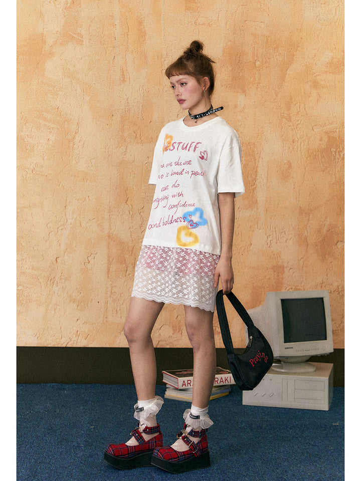Lace Hem Text Print T-shirt