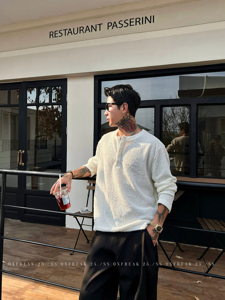 Textured Henley Knit Pullover