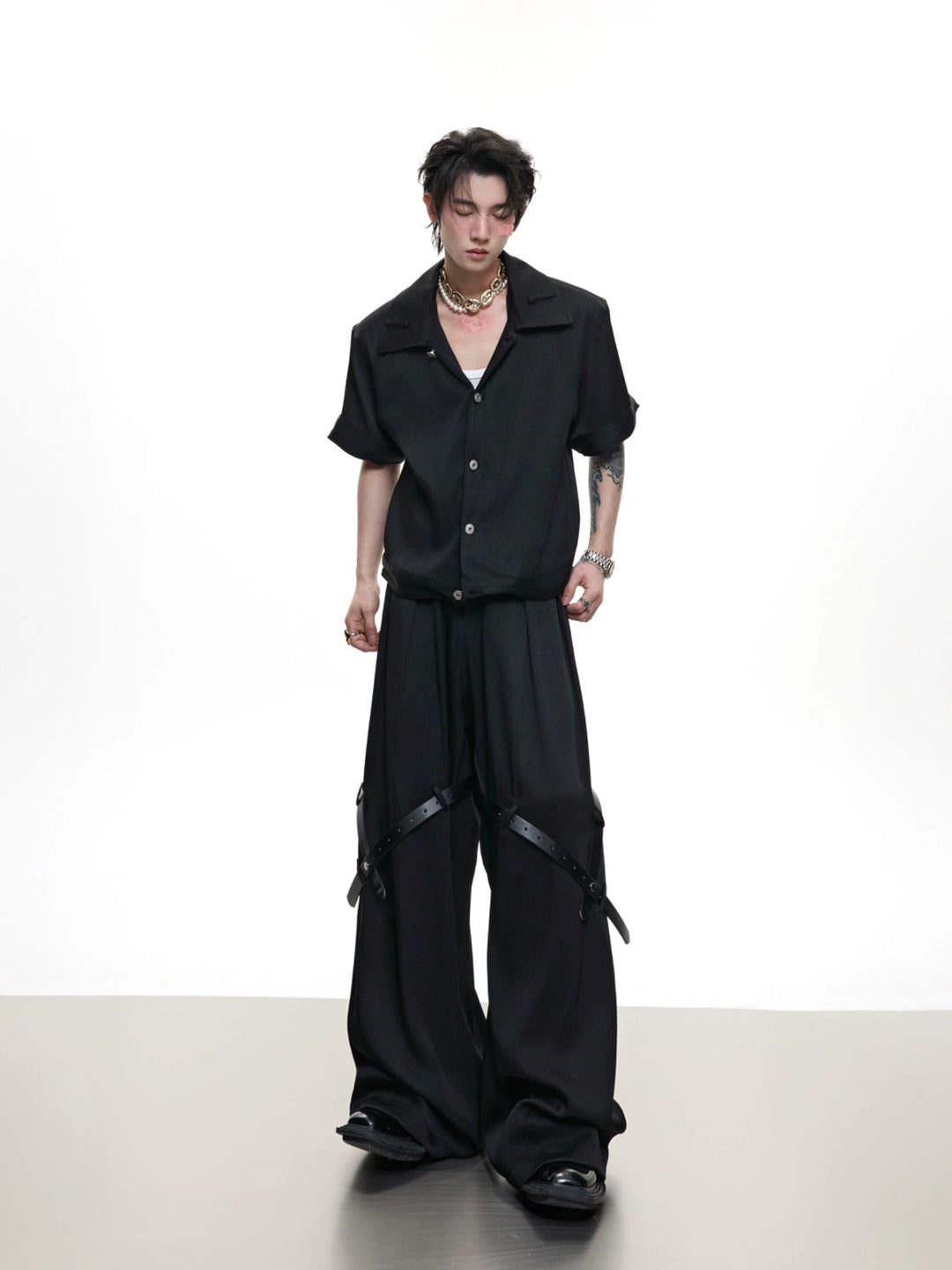 Twill Texture Short Sleeve Suit with Belt
