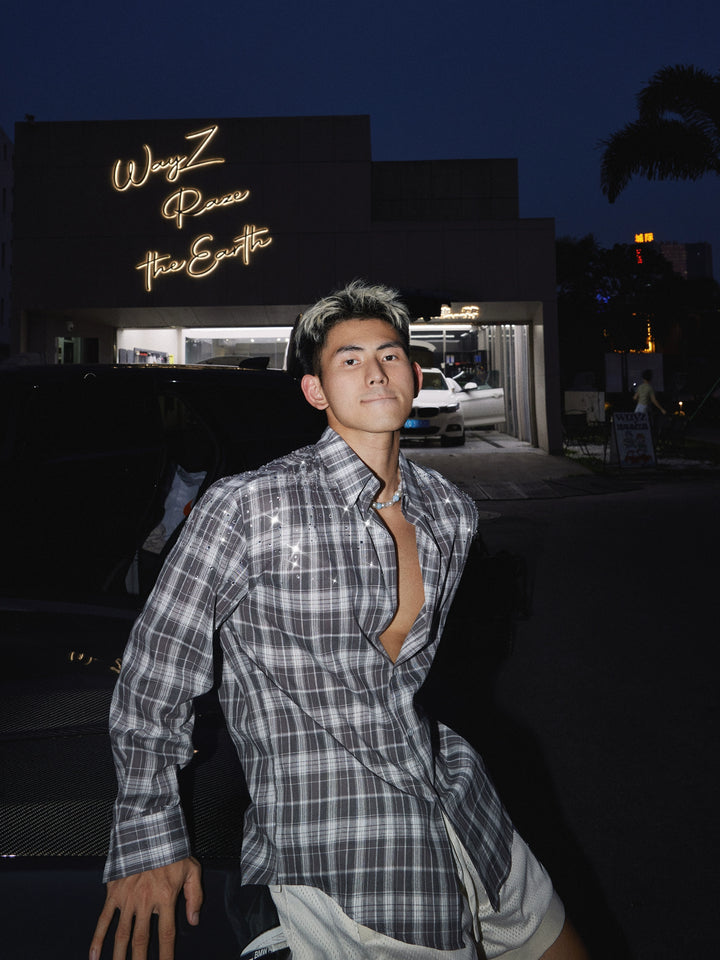 Plaid Rhinestone Long-Sleeve Shirt