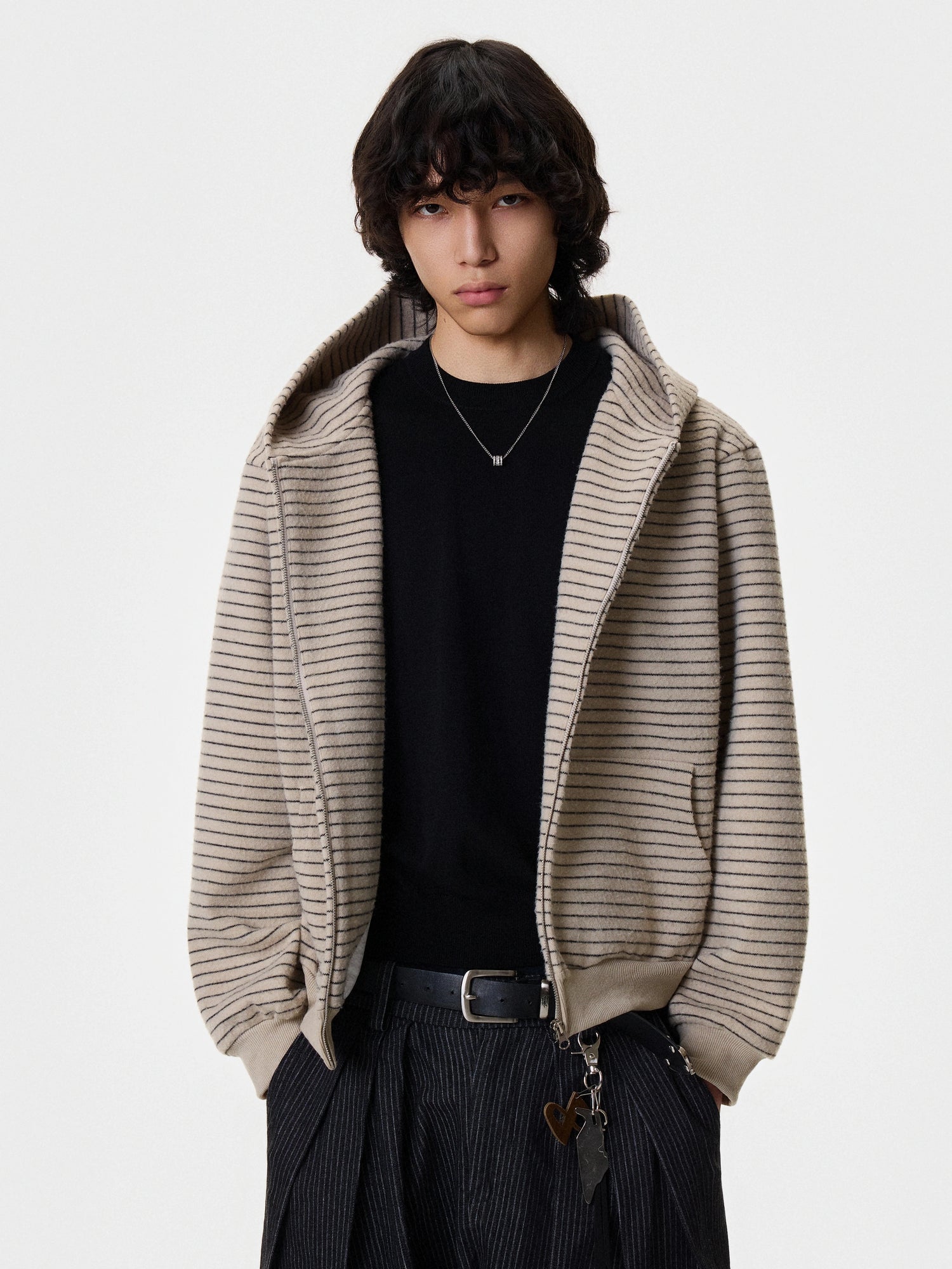 Çizgili Kapüşonlu Fermuarlı Hırka Sweatshirt 