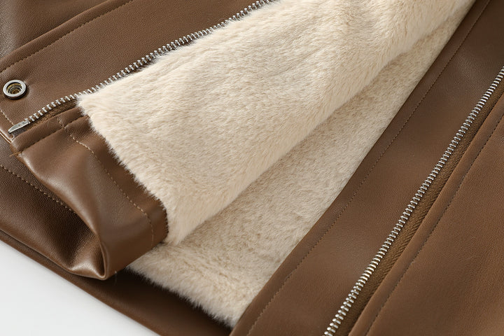 Faux Fur Collar Faux Leather Coat