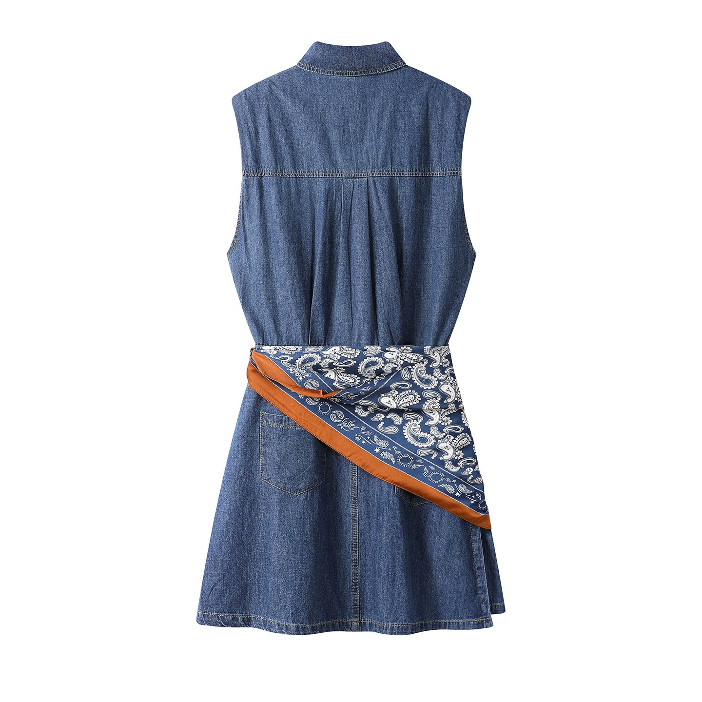 Vestido de Gola Polo de Jeans Sem Mangas com Cinto 