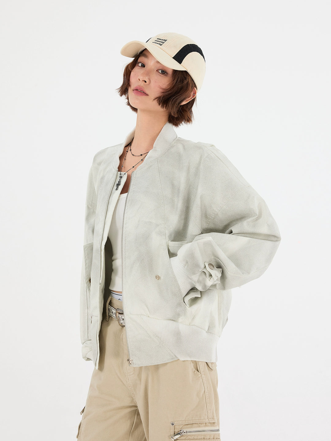 Vintage Distressed PU Leather Bomber Jacket