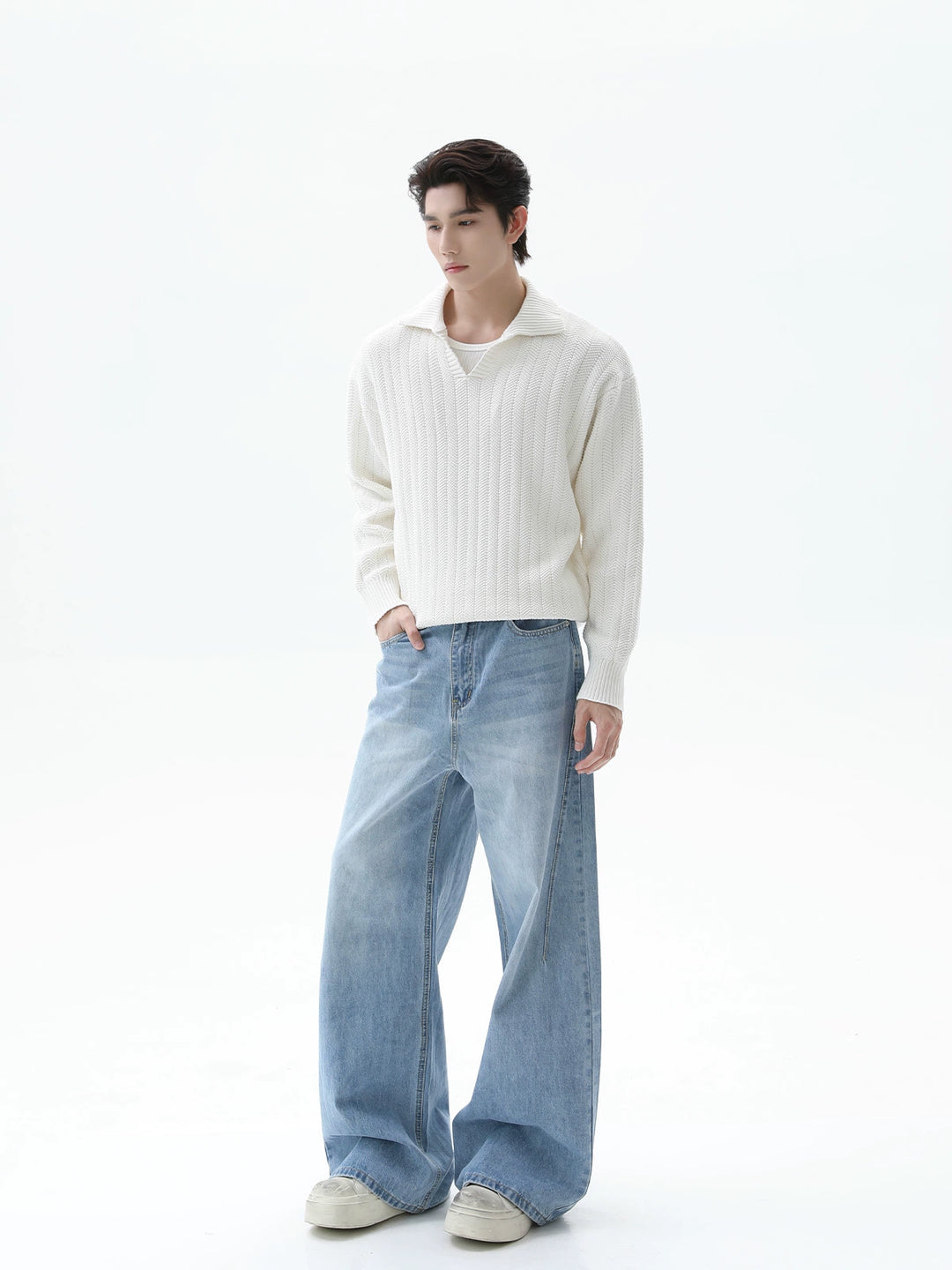 Pull décontracté à manches longues en tricot avec col à revers 