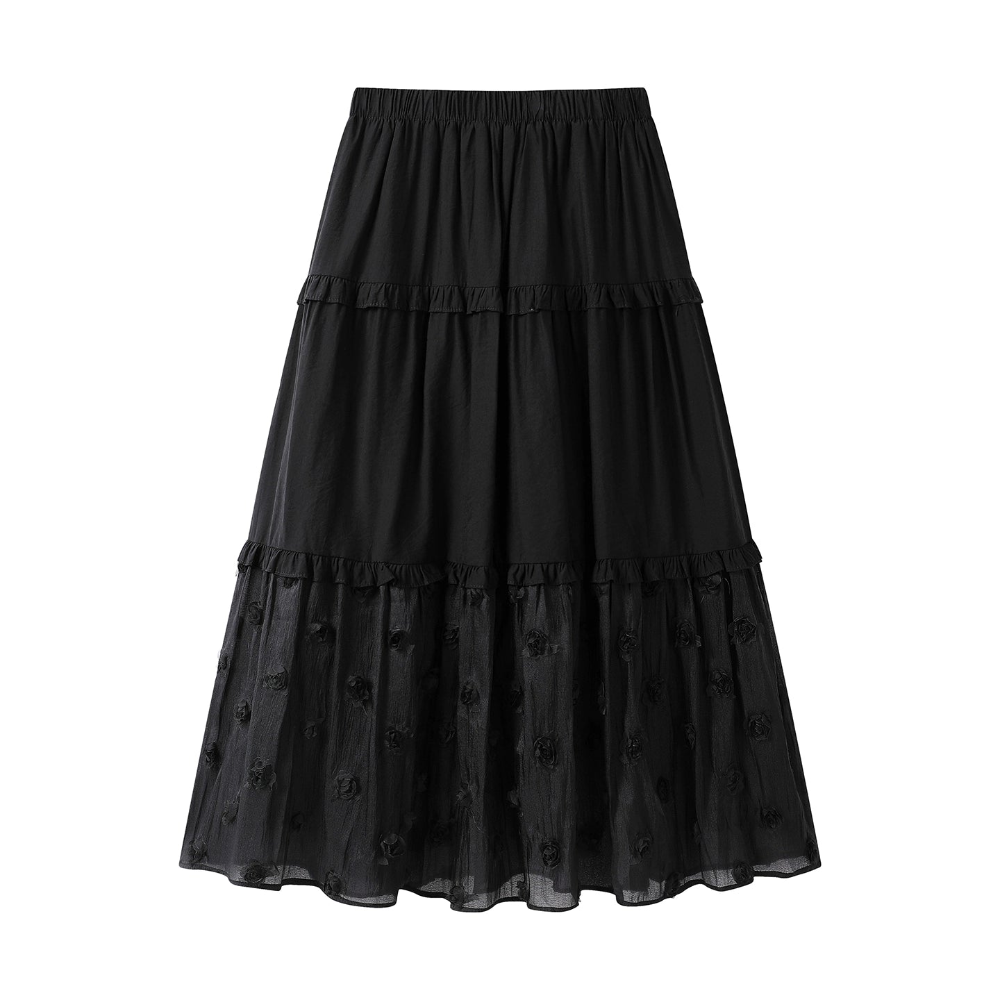 Saia Midi com Aplicações Florais em Camadas 