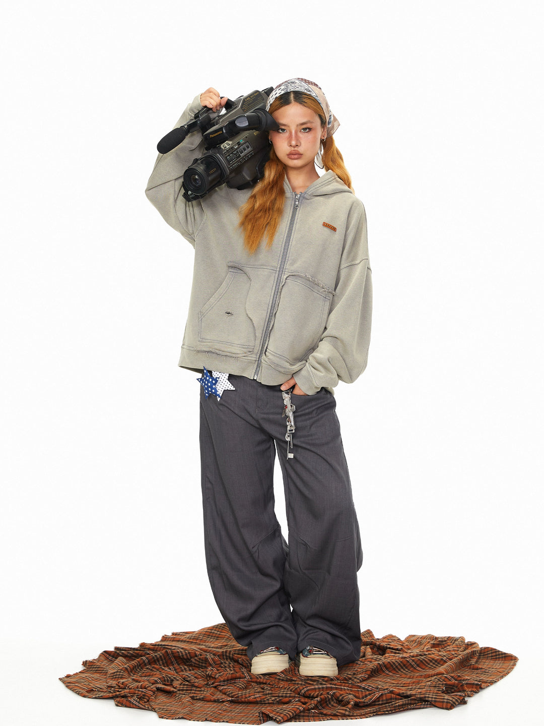 Patchwork Pocket Zip Up Hooded Sweatshirt