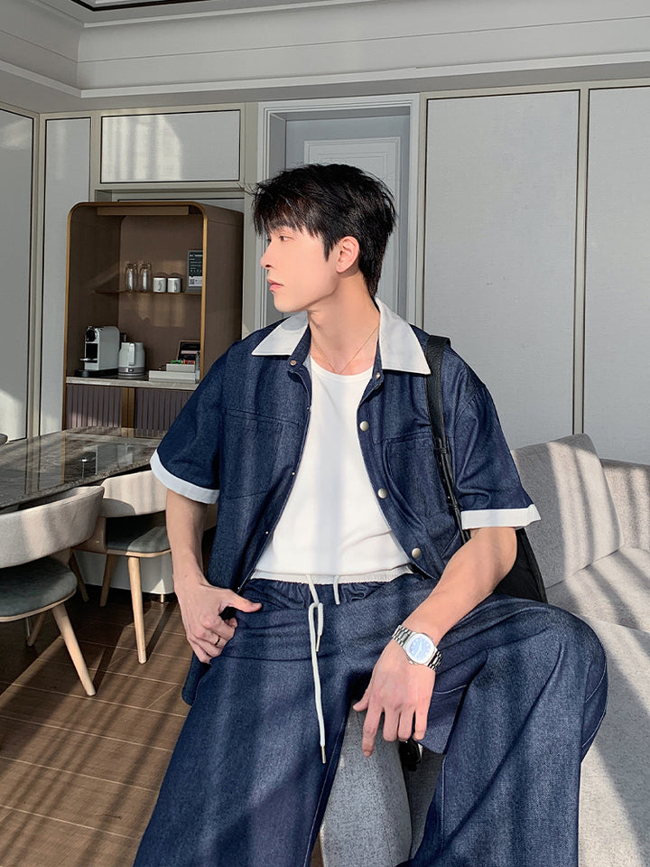 Denim Short-Sleeve Cotton Shirt Suit