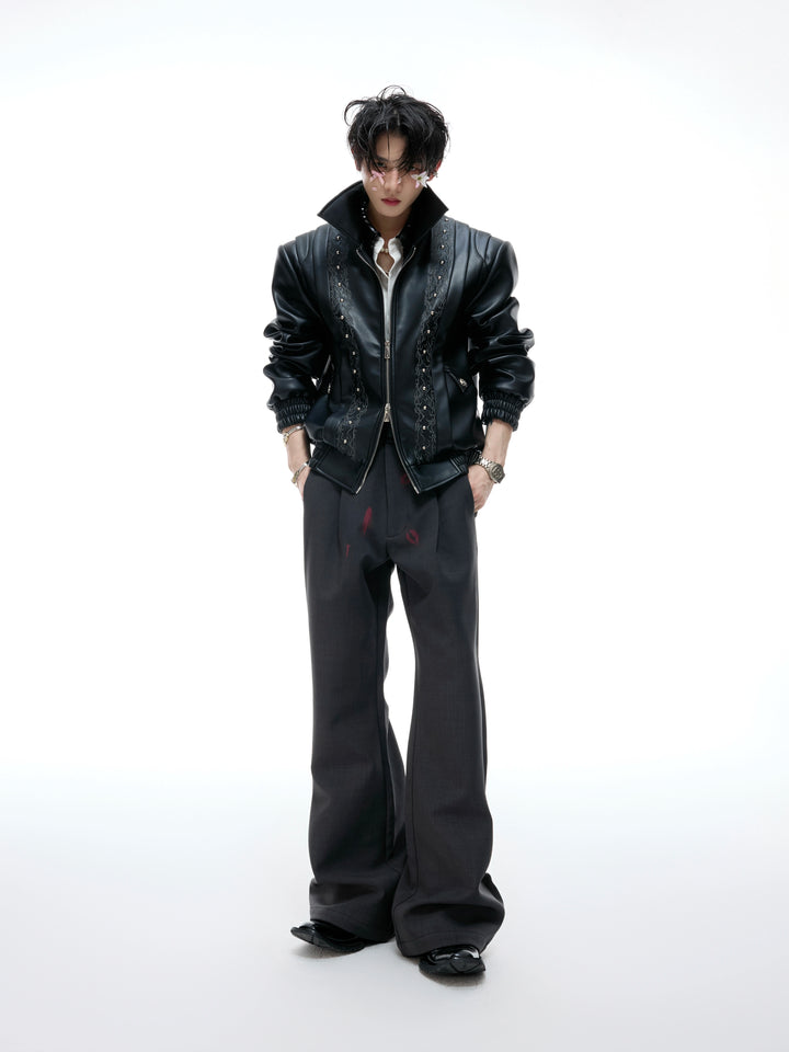 Pleated Wide-Leg Lip Print Pants